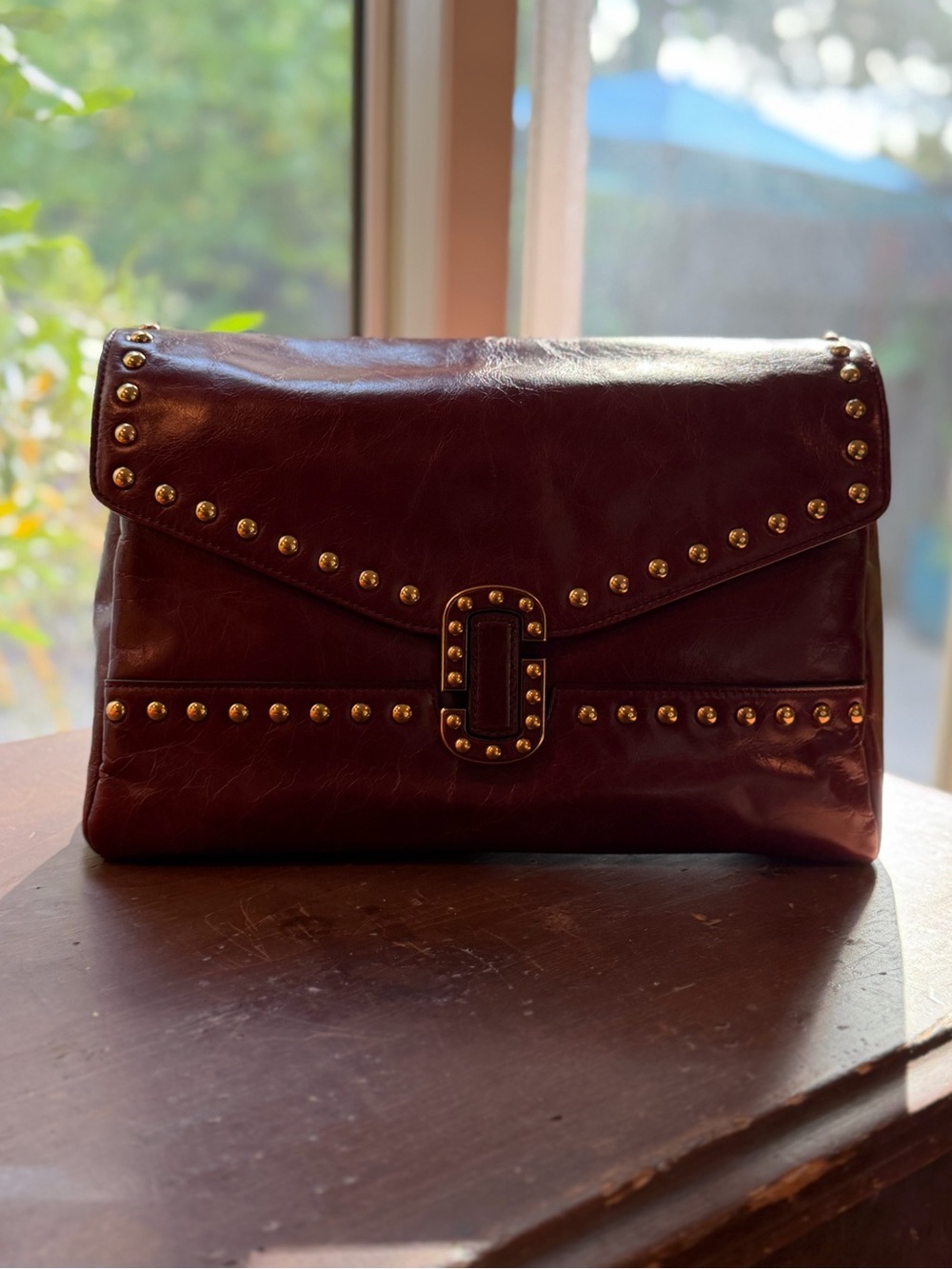 NWT - MARC JACOBS Studded Leather Clutch Bag in Deep Burgundy